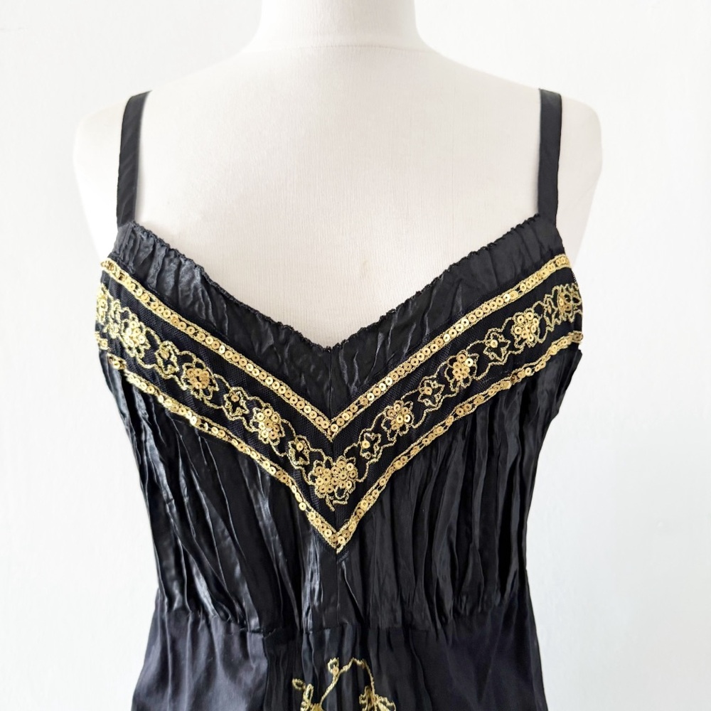 Vintage Y2K Venezia Black and Gold Sequins Satin Floral Babydoll Tank Size 16 - Picture 2 of 7